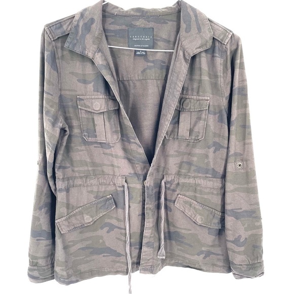 Sanctuary Anthropologie Camo Pockets Cinched Tie Waist Roll Tab Sleeve Jacket - Picture 3 of 6